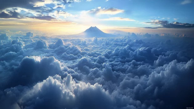 Mount Fuji rising above a sea of clouds creating a mystical and breathtaking atmosphere.