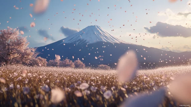 Mount Fuji rising majestically in the background behind a field of Japanese cherry blossom petals drifting in the wind.