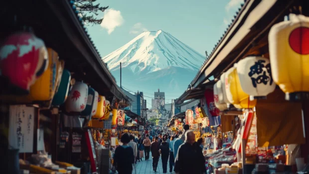 Mount Fuji standing proud behind a bustling street market filled with colorful banners and lanterns.