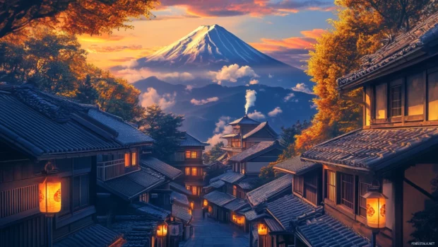 Mount Fuji standing tall behind a quiet Japanese village with traditional rooftops and lanterns.