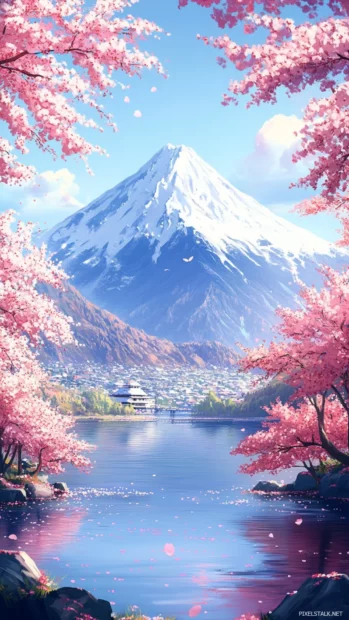 Mount Fuji towering in the distance behind a serene lake surrounded by blooming Japan sakura trees.