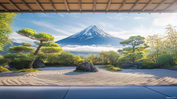 Mount Fuji viewed from a peaceful zen garden with carefully raked sand and delicate bonsai trees.