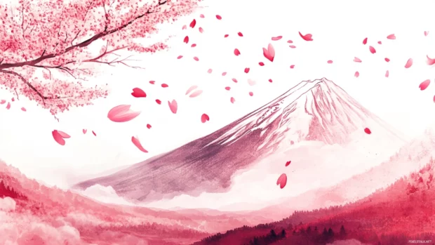 Mount Fuji wallpaper showing delicate pink sakura petals falling across a tranquil spring landscape.