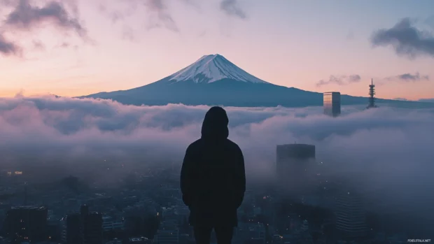 Mount Fuji wallpaper viewed from a high vantage point with layer.