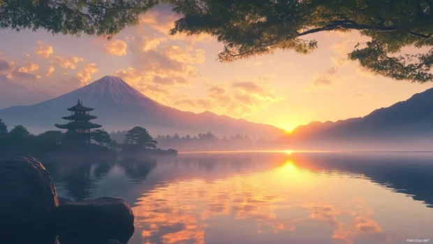 Mount Fuji wallpaper with serene lake reflections and glowing sunrise, capturing peaceful Japanese scenery (2).