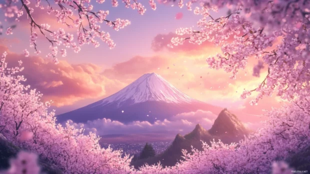 Mount Fuji wallpaper with serene lake reflections and glowing sunrise, capturing peaceful Japanese scenery.