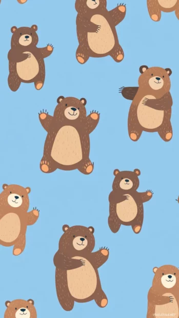 Multiple bears in playful poses spread evenly across a blue background form a cheerful bear background iPhone.