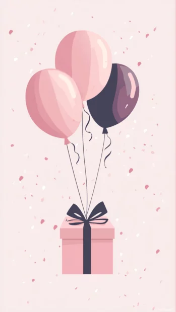 Muted pink birthday balloons and gift on minimalistic backdrop.