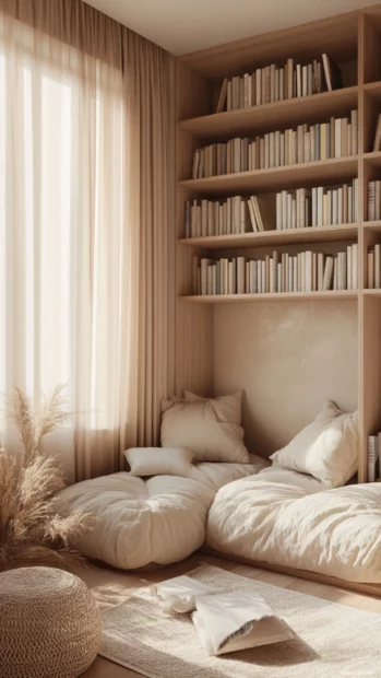Muted tones of beige and blush forming the book lovers tiny library.
