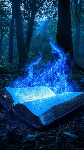 Mystical blue glow around an open book in the forest for book iPhone fantasy.