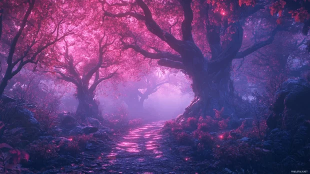Mystical forest path wallpaper 2560x1440 surrounded by ancient trees and ethereal mist.