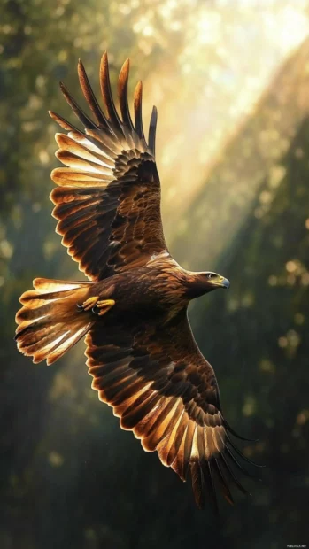 Natural light shining through the feathers of a gliding eagle.