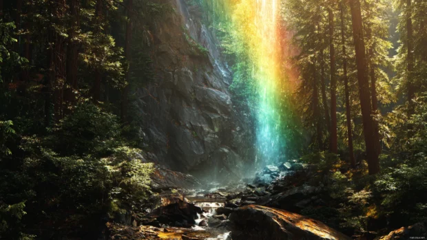 Nature rainbow waterfall wallpaper showing serene woodland cascade with multi colored rainbow shining through towering trees.