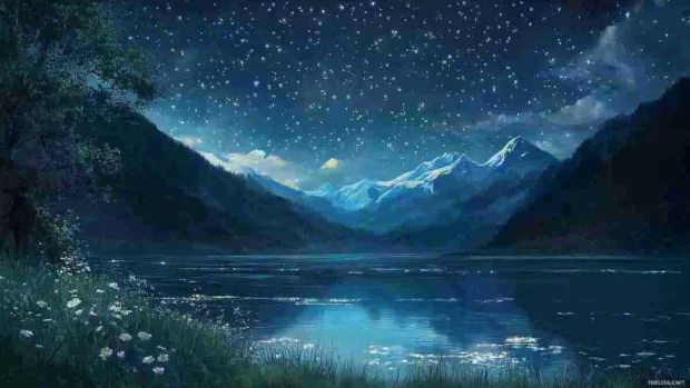 Nature reveals its magic as a tranquil mountain lake mirrors the dazzling stars above, glowing softly under the night sky.