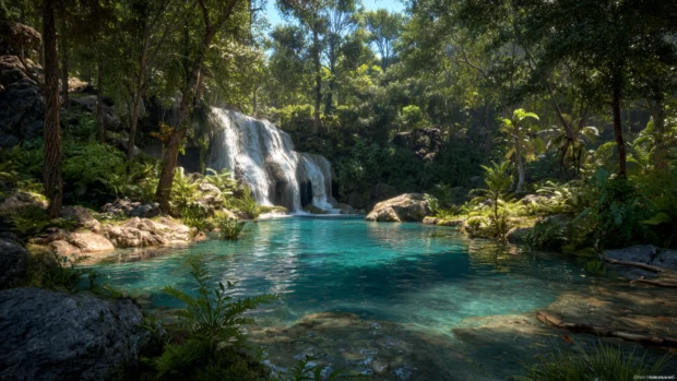 Nature waterfall 4k wallpaper portraying serene jungle fall cascading into clear blue lagoon with lush greenery.