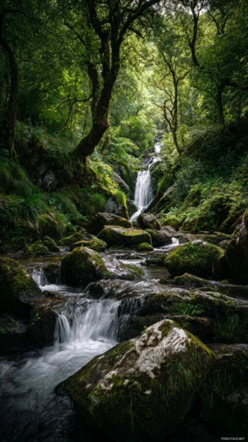 Nature waterfall iPhone wallpaper depicting a hidden woodland fall with crystal stream flowing over lichen rocks.