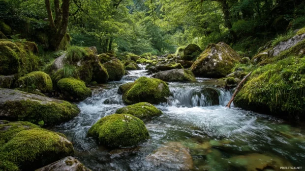Nature waterfall wallpaper highlighting vibrant moss covered boulders with crystal clear water rushing past.