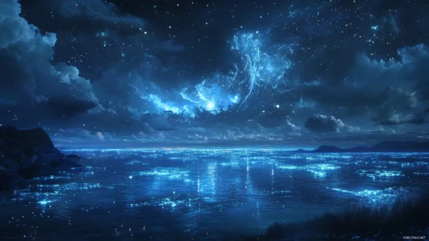 Natures coral reefs sparkle with bioluminescent life beneath a calm ocean surface lit by faint cosmic glimmers.