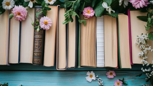 Neatly arranged books with floral bookmarks for a feminine book lover.