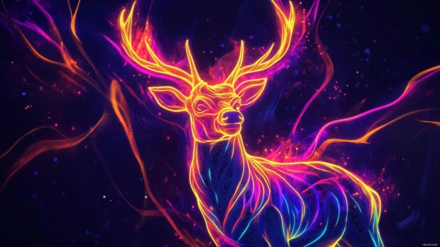 Neon deer wallpaper with vibrant outlines, set against a dark techno style background.