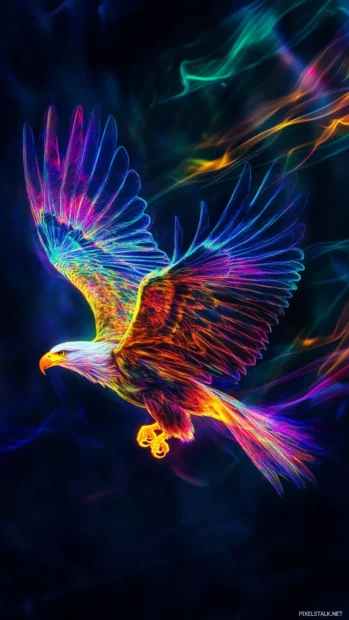 Neon eagle wallpaper with bold colors and energy trails glowing around the flying bird.