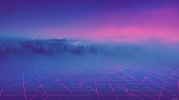 Neon geometric wallpaper capturing glowing triangular grid fading into misty violet night scene.