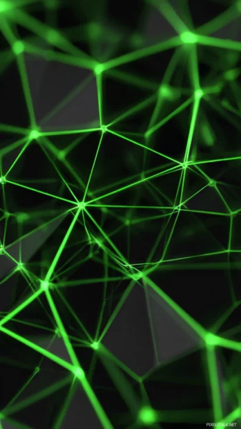 Neon green geometric wallpaper for phone featuring glowing interconnected polygons on dark field.