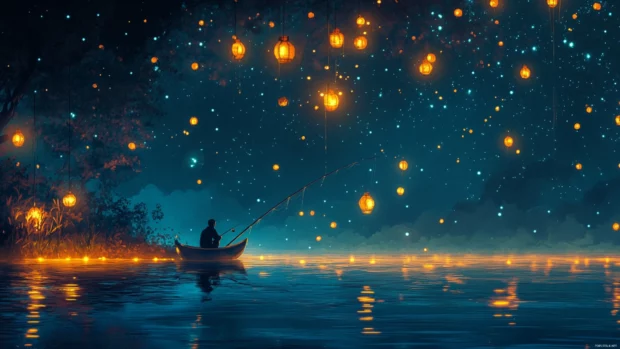 Night fishing wallpaper with glowing lanterns, starlit skies, and shimmering ripples around the line.