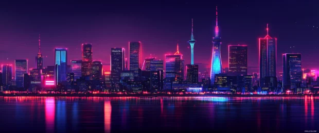 Nighttime skyline of Tokyo glowing with neon lights, making an impressive wallpaper 3440x1440 ultra wide.