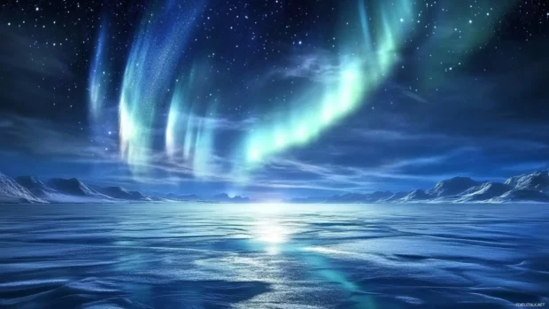 Northern lights arching across a frozen lake 2560x1440 wallpaper with shimmering greens and blues.