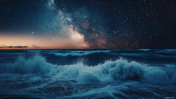 Ocean waves crashing under a starry night sky 2560x1440 wallpaper capturing the raw power of nature.