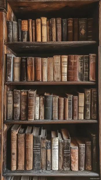 Old bookshelf filled with rustic book covers in an aesthetic book layout.