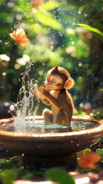 On a bright sunny morning, cute monkey splashes in a small fountain.