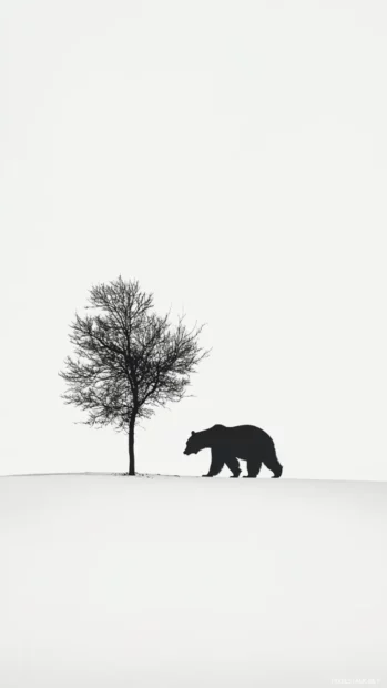 On a clean white backdrop, a single tree stands near a moving bear silhouette in this minimalist bear iPhone wallpaper.