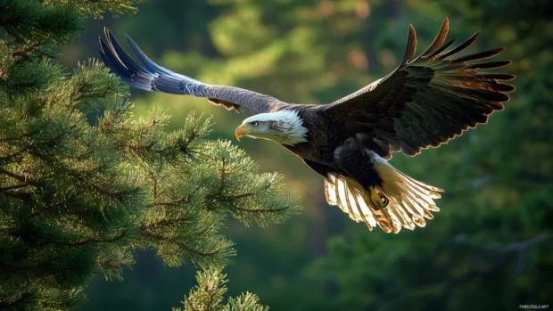 On a crisp morning, the Cool Eagle takes off from a pine branch.