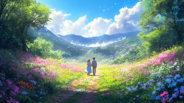 On a cute japan countryside path, pastel flowers bloom around an anime couple sharing laughs.