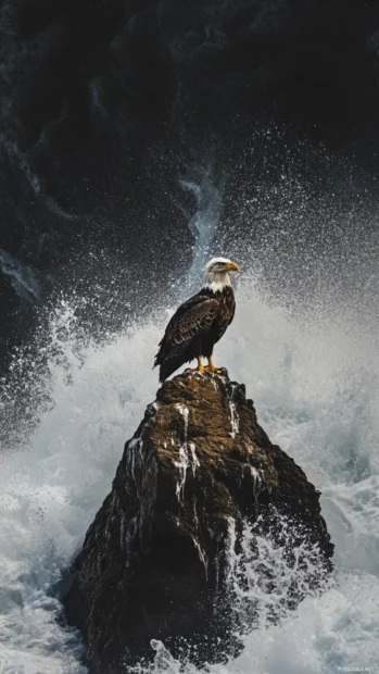 On a jagged coastal rock, the Eagle stands watch over the crashing waves.