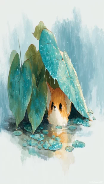 On a rainy day, a Cute Fox peeks from under a leaf umbrella, soft puddles reflecting sky, gentle watercolor mood.