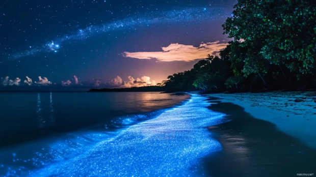 On the edge of a peaceful tropical island, bioluminescent waves glitter as the universe stretches wide across the sky.