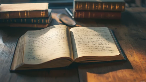Open Book and a journal with handwritten notes under natural light.