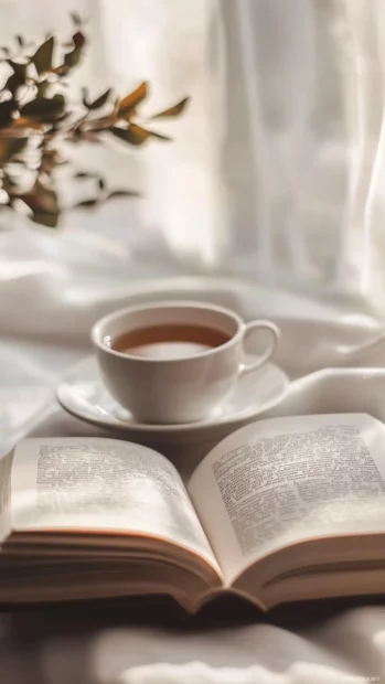 Open book iPhone wallpaper capturing pages mid turn in a peaceful afternoon scene beside a cup of tea.