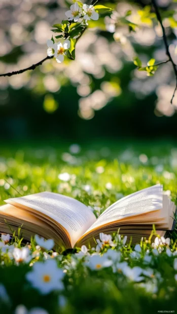 Open book resting on grass under spring blossoms for a natural book vibe.