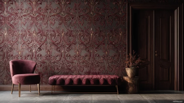 Opulent wallpaper design mixing baroque scrolls with velvet texture in dark burgundy backdrop for dramatic interior.