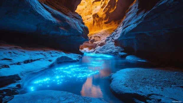 Otherworldly canyon lit by bioluminescent plants 2560x1440 wallpaper evoking a fantasy atmosphere.