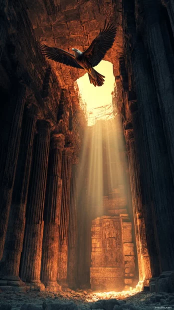 Over ancient ruins, an Eagle glides through beams of morning sun.