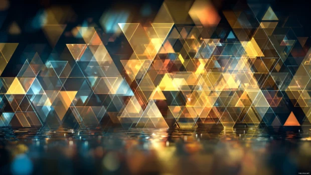 Overlapping golden triangles arranged in a geometric harmony with light reflections.
