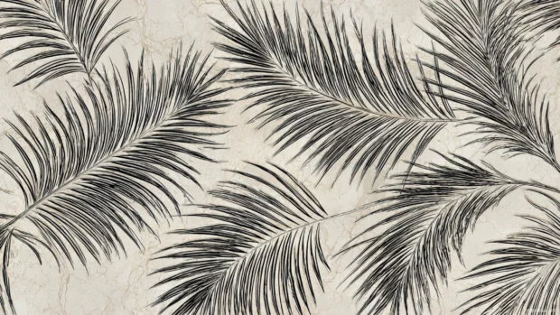 Palm frond black and white wallpaper with delicate palm leaf outlines over pale stone surface backdrop.