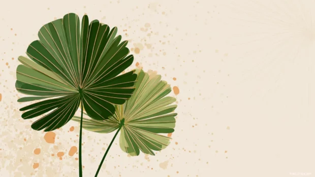 Palm leaf desktop wallpaper showing two overlapping palm shapes on cream canvas with clean line accents.