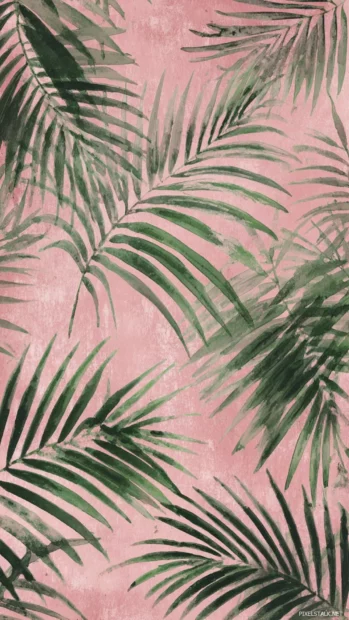 Palm leaf mobile wallpaper showing faded watercolor style large palm shapes over blush pink canvas.
