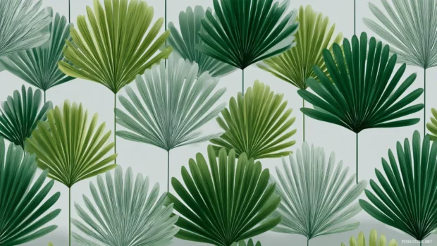 Palm leaf pattern wallpaper displaying tiled palm frond motifs in alternating shades of green on light gray.